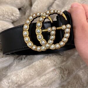 Gucci Black Leather Belt with Pearl-Embellished Gold Double G Buckle